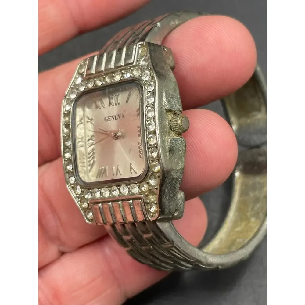 Geneva Classy Rhinestones Bezel Silver Tone Cuff Band Wristwatch Water Resistant